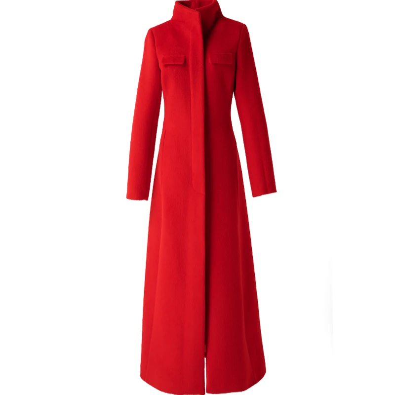 

Fashion Elegant Red Office Lady Overcoat Slim Long Stand Collar Wool Coat Female Zipper Outwear Plus Size Winter Long Coats