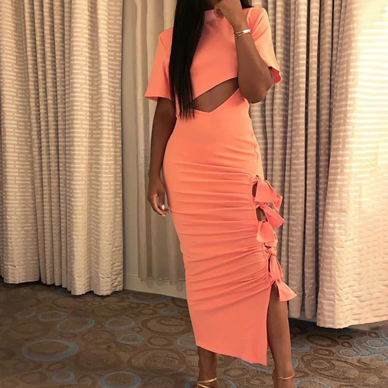 

2021 Ladies Club Streetwear Irregular Two Piece Suit O-neck Crop Top And High Waist Hollow Out Shirring Midi Skirt Trendy Outfit