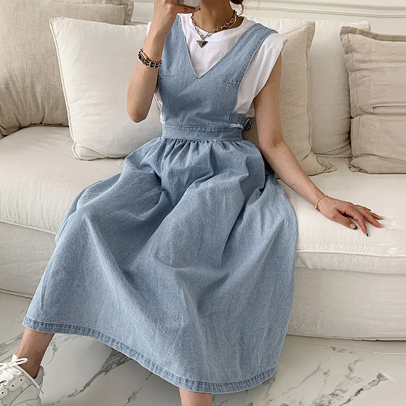 

Boho A-Line Dress Summer Elegant Sexy High Waist Slim Vintage 2021 Dresses Women Sleeveless Party Solid Blue V-neck