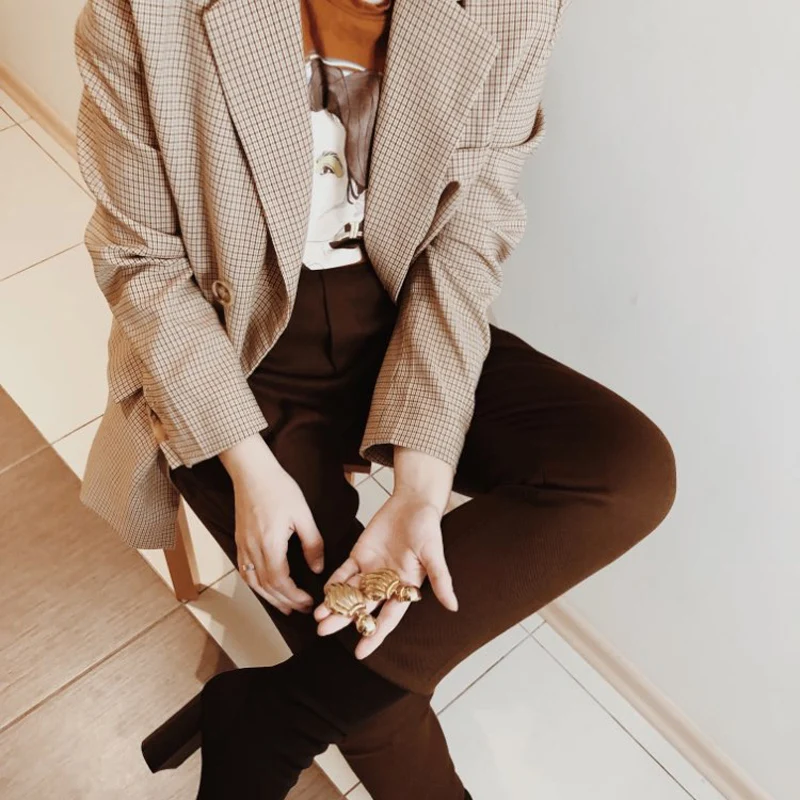 

Classic Plaid Women Blazer Notched Collar Female Suits Outwear Fashion 2019 Spring Autumn Women Ladies Outcoat