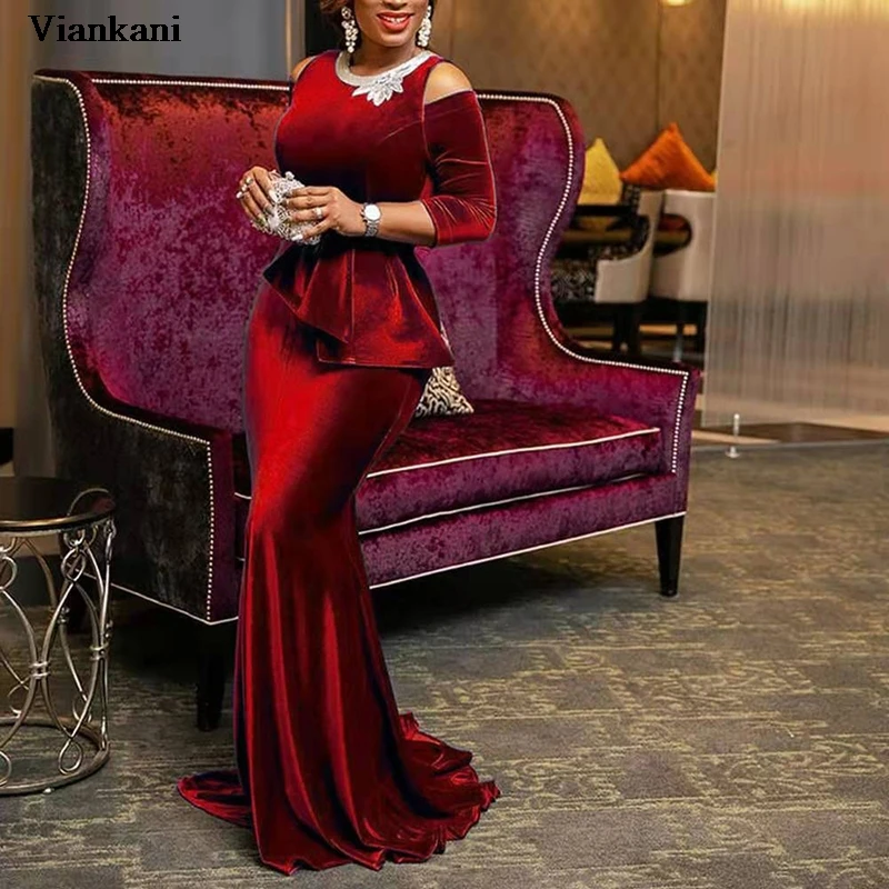 

Женское вельветовое платье-русалка, длинное винтажное вечернее праздничное платье с открытыми плечами и оборками, размера плюс