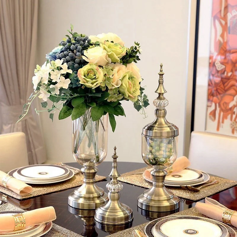 

European Retro Glass Metal Vase Modern Artist Residence Decorative Artificial Flower Wedding Vase Gold Metal + Glass
