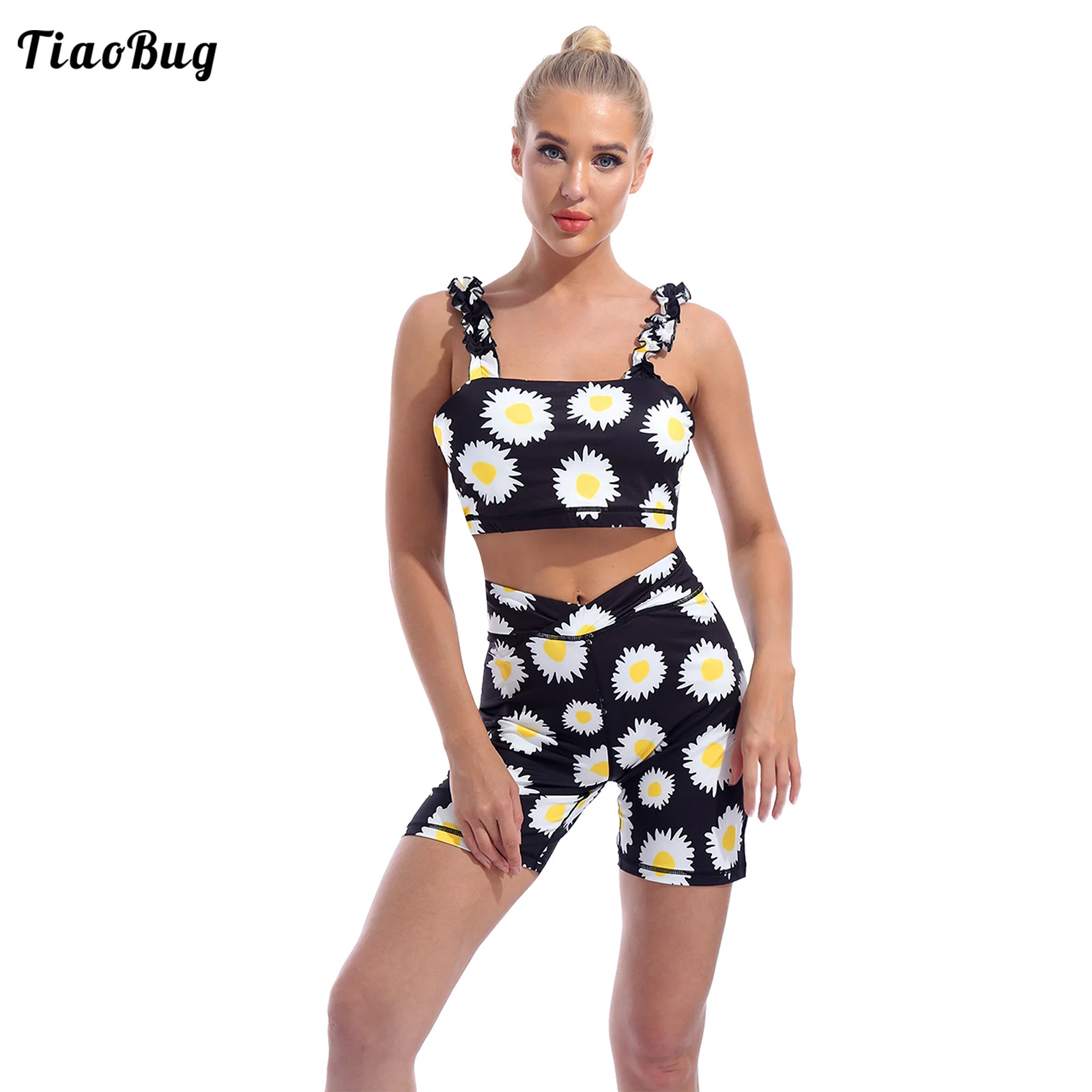 

Summer New Womens 2Pcs Fashion Sport Yoga Suit Swimwear Sleeveless Ruffle Strap Shorts Legging Outfit Sunflower Print Tracksuit
