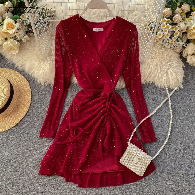 

YIZZHOY New Women Dresses Spring Long Sleeve V-neck Elegant Dresses Casual Asymmetrical Ruffle Mini Dress Sexy Party Dress