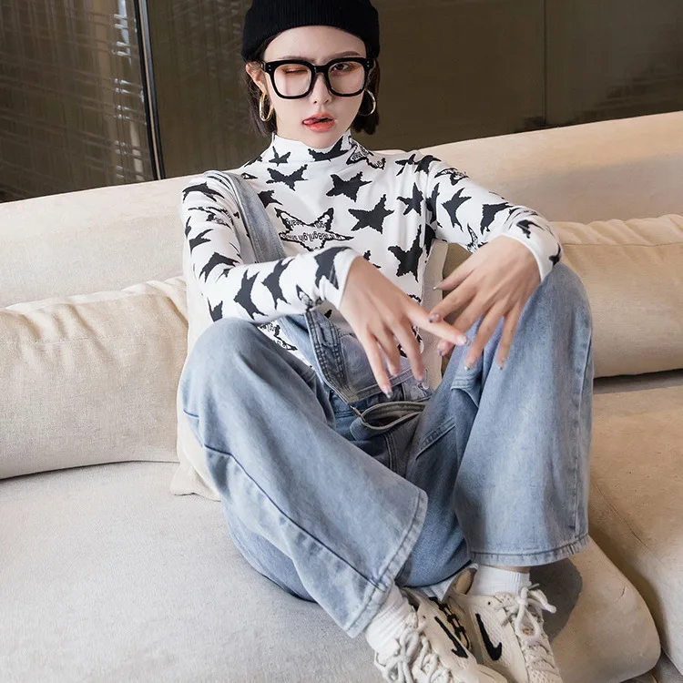 

Multi-colored multi-picture half-high collar autumn and winter long-sleeved jacket women, cashmere new Slim five-pointed star t-