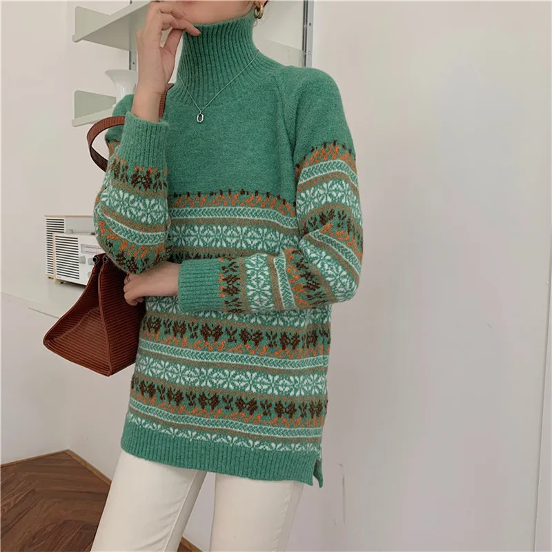 

jacquard chic retro floral print thicken sweater winter soft comfort all-match turtlencek pullovers elegant fashion streetwear