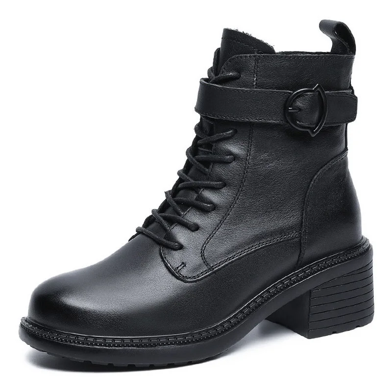 

Женские ботильоны на толстом каблуке, однотонные черные повседневные ботинки из натуральной коровьей кожи с круглым носком и пряжкой на вы...