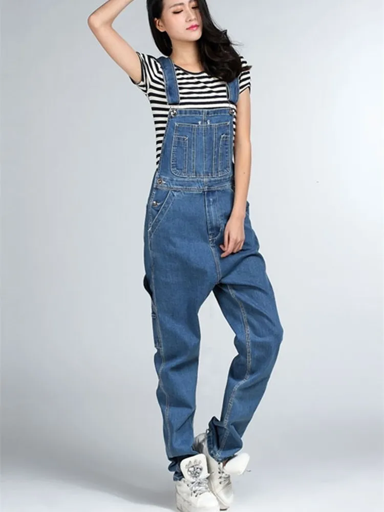Free Shipping 2021 New Fashion Denim Bib Pants Loose Denim Spaghetti Strap Pants Plus Size 28-42 Jumpsuits For Tall Women Summer