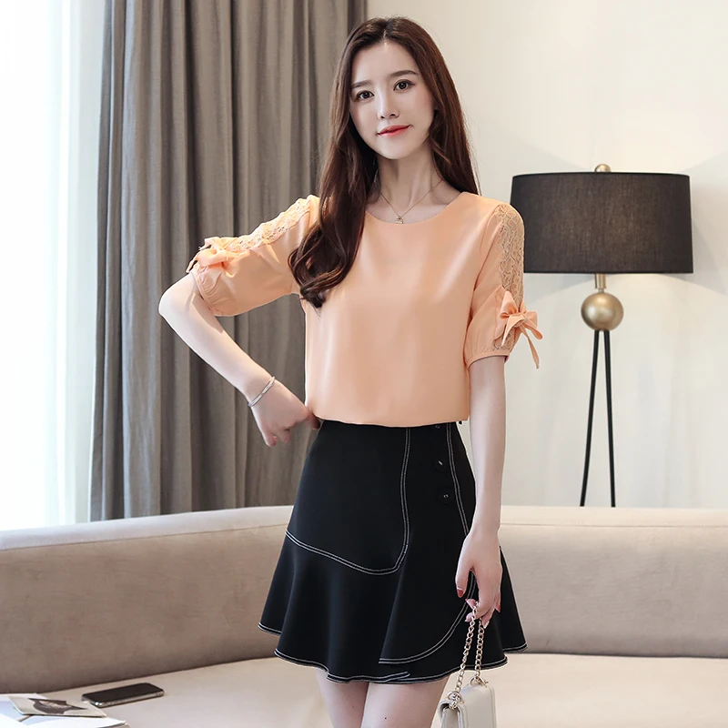 Модные женские блузки 2019 летние с коротким рукавом однотонные кружевные