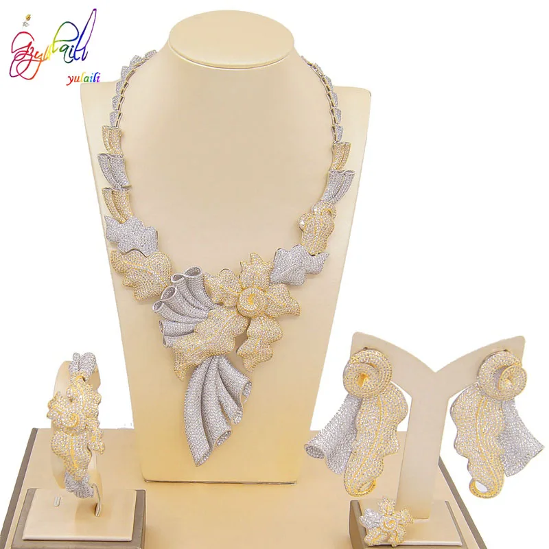 

Yulaili Luxury Cubic Zirconia America Jewelry Sets Necklace Earrings Bracelet Ring Wedding Jewelery Accessories for Women