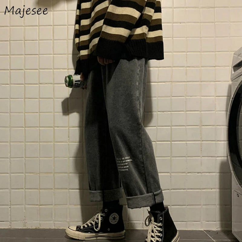 

Men Jeans Big Size 2XL Loose Ankle-length Letter Printed Mens Wide Leg Denim Trousers Korean Style Casual Harajuku All-match New