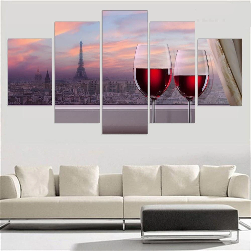 

5 Pieces Wall Art Canvas Painting Red Wine City Landscape Modular Home Decoration Pictures Modern Living Room Bedroom Framework