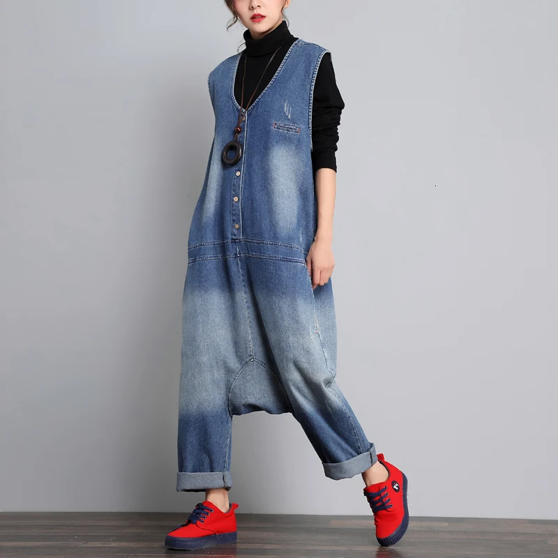 Джинсовые комбинезоны без рукавов для женщин мешковатые плюс размер v образный