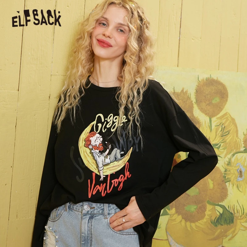 Elfsack черные однотонные Ван Гога принт Повседневное футболки Для женщин 2020 весной