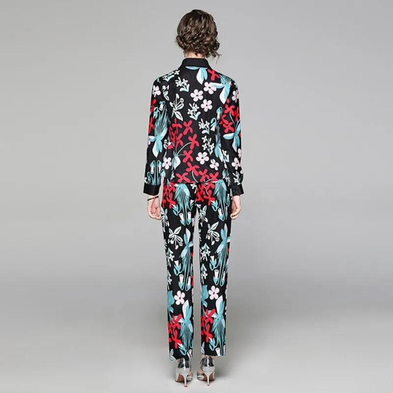 

2021 summer Fashion women Two Piece Sets flower Print Women turn down collar long Sleeve Shirt Top + Pencil Pants sets
