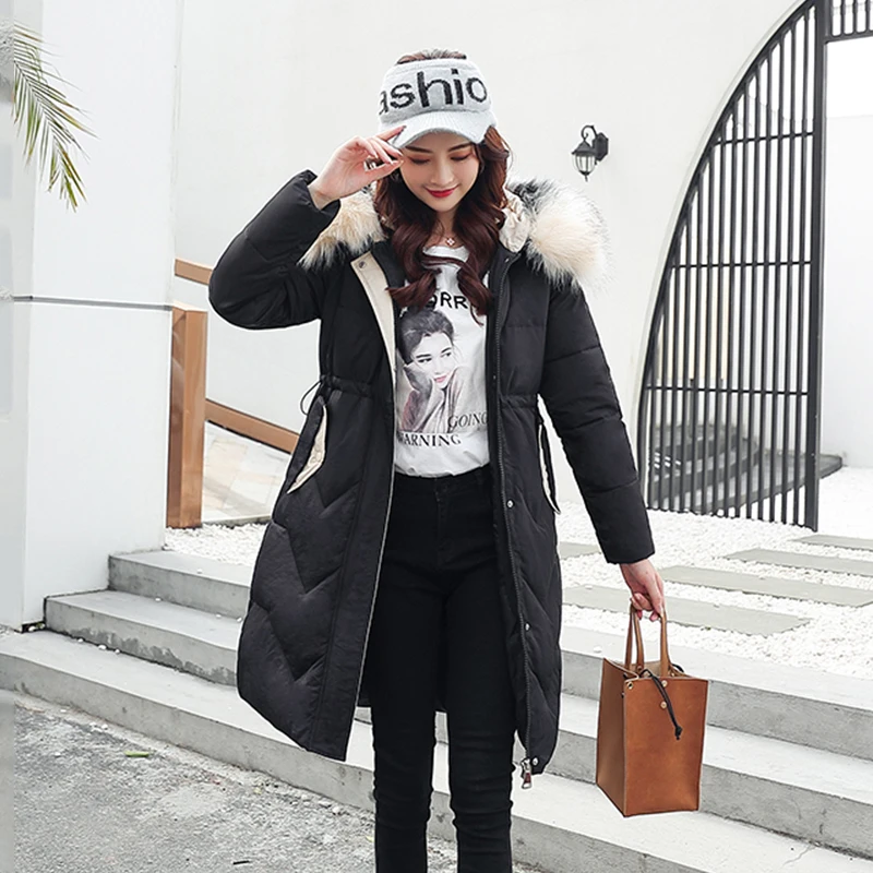 

Красивая зимняя женская длинная куртка, однотонные облегающие парки с капюшоном, Толстая Женская куртка с меховым воротником в Корейском с...