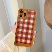retro chocolate plaid geometry love art leather embossing phone case for iphone 11 12 13 pro max xs max xr case cute soft cover