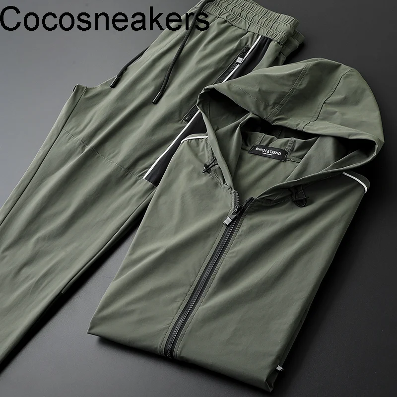

Single layer thin cool breathable quick drying elastic two-piece set men's spring and summer new fashion hooded sports leisure