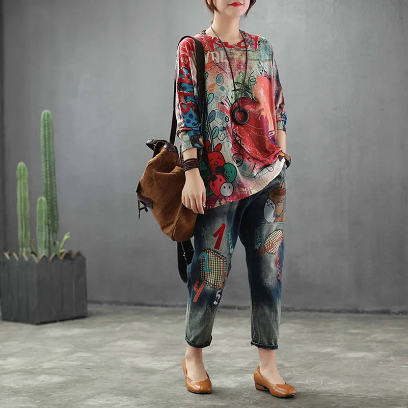 QPFJQD уличная женский свитер в винтажном стиле свободные вязаные топы с мультяшным