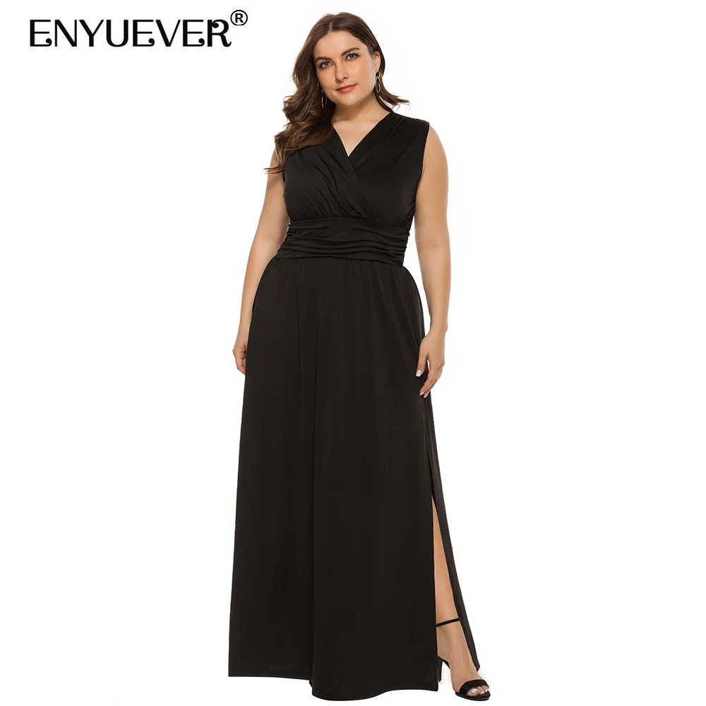 

Черные длинные платья Enyuever для женщин, вечерние платья на свадьбу, с V-образным вырезом, без рукавов, с разрезом, строгие вечерние платья