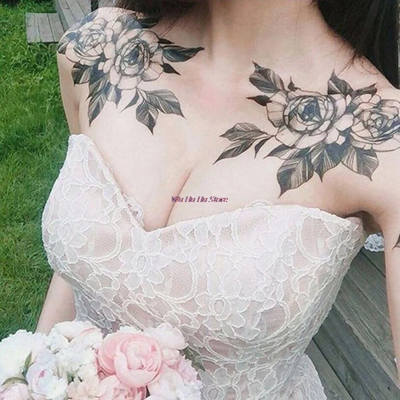 

Tijdelijke Tattoo Zwarte Bloem Tattoo Mouwen Water Tatoo Sticker Pioen Roos Tattoos Body Art Sexy Tatoo Meisje Arm Tatto