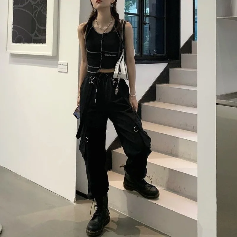 

HOUZHOU Harajuku Goth Jogging Cargo Pants Women Streetwear Black High Waist Pants Oversized Pants Goth Plus Size Casual Trousers