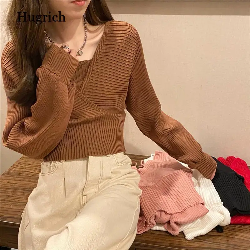 

Temperament Solid Slim Autumn Short V Neck White Knitted Tops Bottom Fake Two Pieces Pullovers Sweaters Lady Fashion
