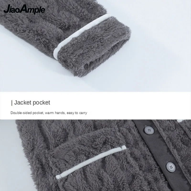 Men's Pajamas 2021 Winter New Warm Thick Flannel Pijamas Korean Loose V-neck Sleepwear Set Girl Cute Cartoon Nightwear Homewear