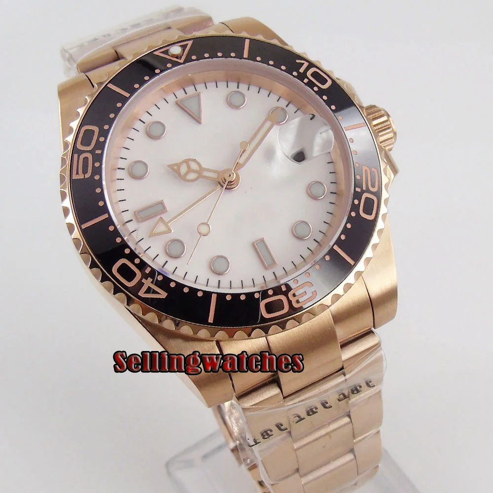 

Rose Gold 40mm Men Watch Nolog Dial GMT Automatic Movement Sapphire Glass Deployment Clasp Ceramic Bezel Date Window