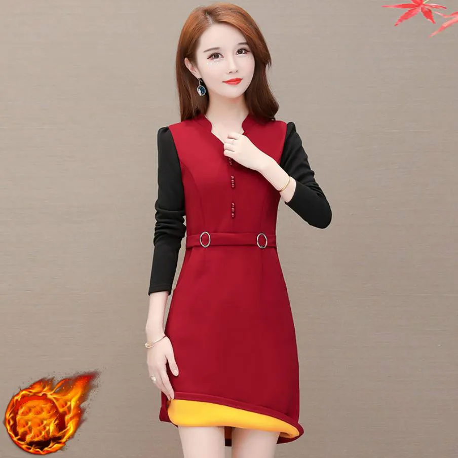 

For Autumn Winter Women Dress V-Neck Long Sleeve A-Line Women's Dress Thin or Thick Section Fashion Ladies Dress AA3022