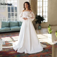 sevintage wedding dresses 2021 satin a line boho long sleeves bride dress lace appliques plus size princess weddding party gown