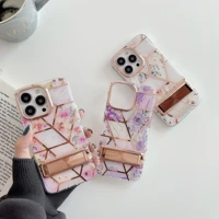 electroplating geometric marble flower phone case with kickstand for iphone 12 11 13 pro max soft silicone cover