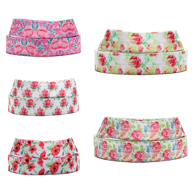 

Spring Flower Pattern Printed Elastic Ribbon bands FOE for DIY Bow Sewing Underwear 15mm 50/100 yards