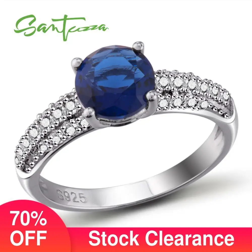 

SANTUZZA Silver Ring For Women 925 Sterling Silver Round Blue Glass White Cubic Zirconia Party Delicate Fine Jewelry