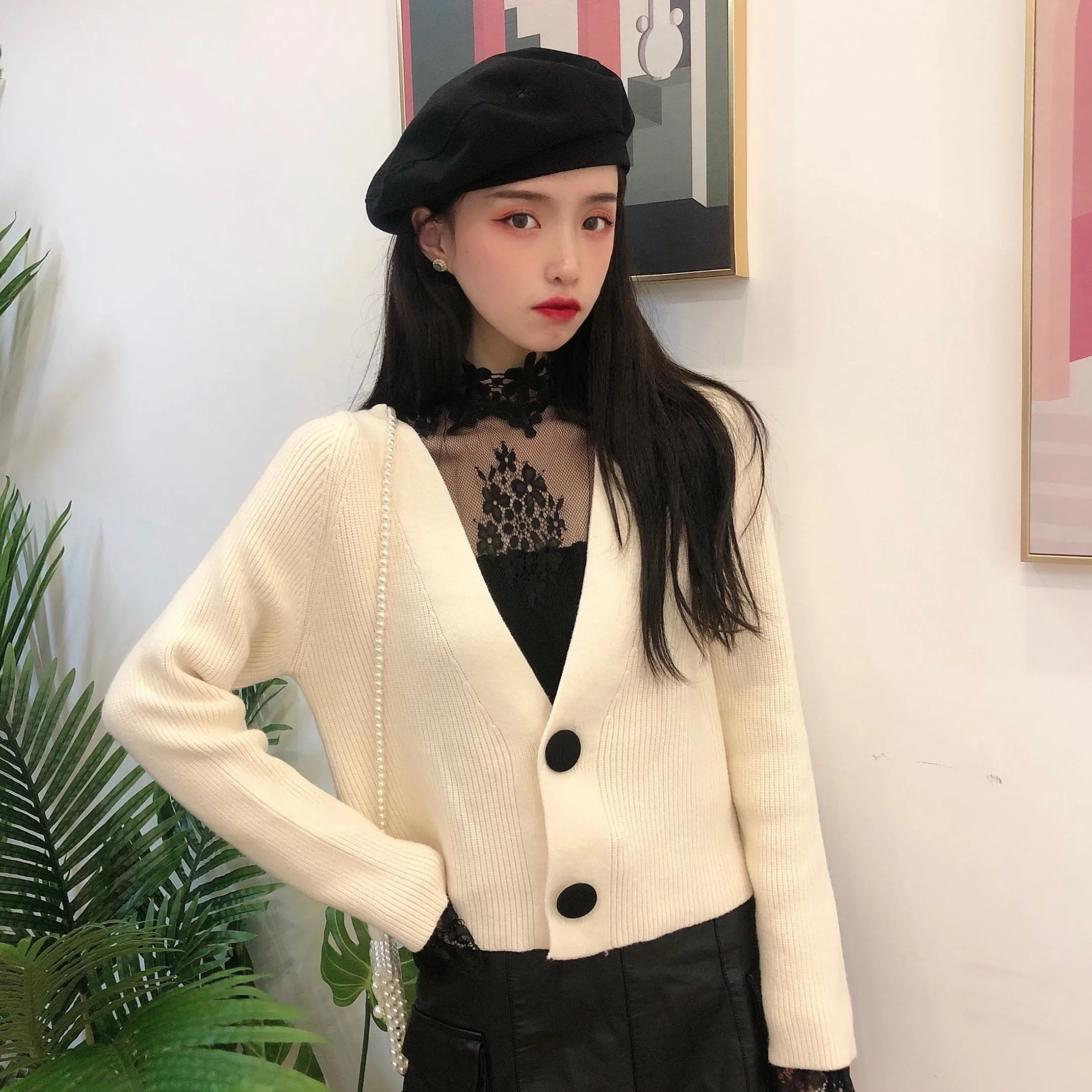 Женский Укороченный кардиган TingYiLi элегантный вязаный в Корейском стиле бежевый