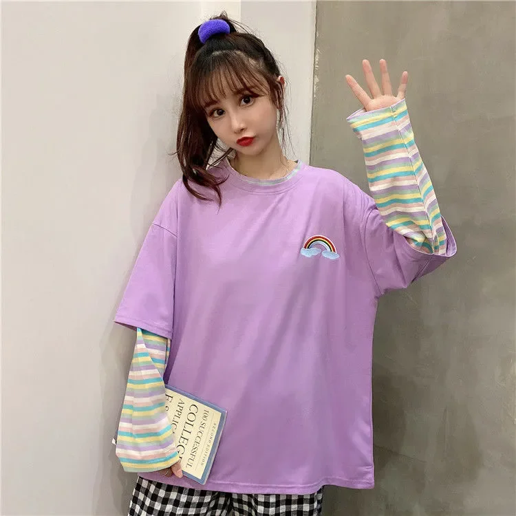 Повседневные Цветочные Лоскутные радужные полосы имитация двух частей