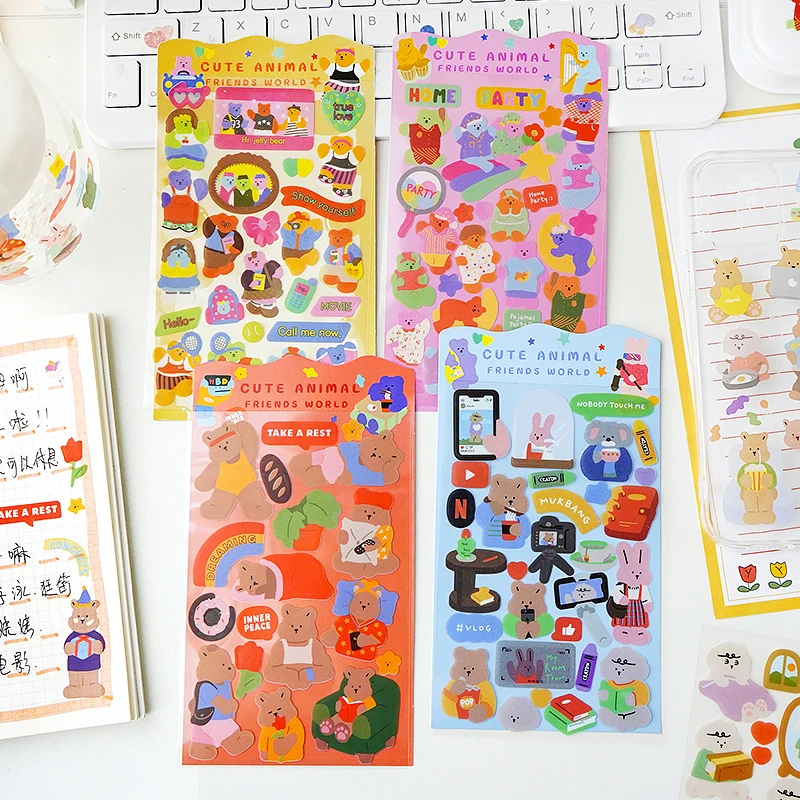 

4PCS PVC Stickers Cute Pet Animal Series Kawaii Girl Heart Cartoon Hand Account Material Calendar Decoration Stickers Stationery