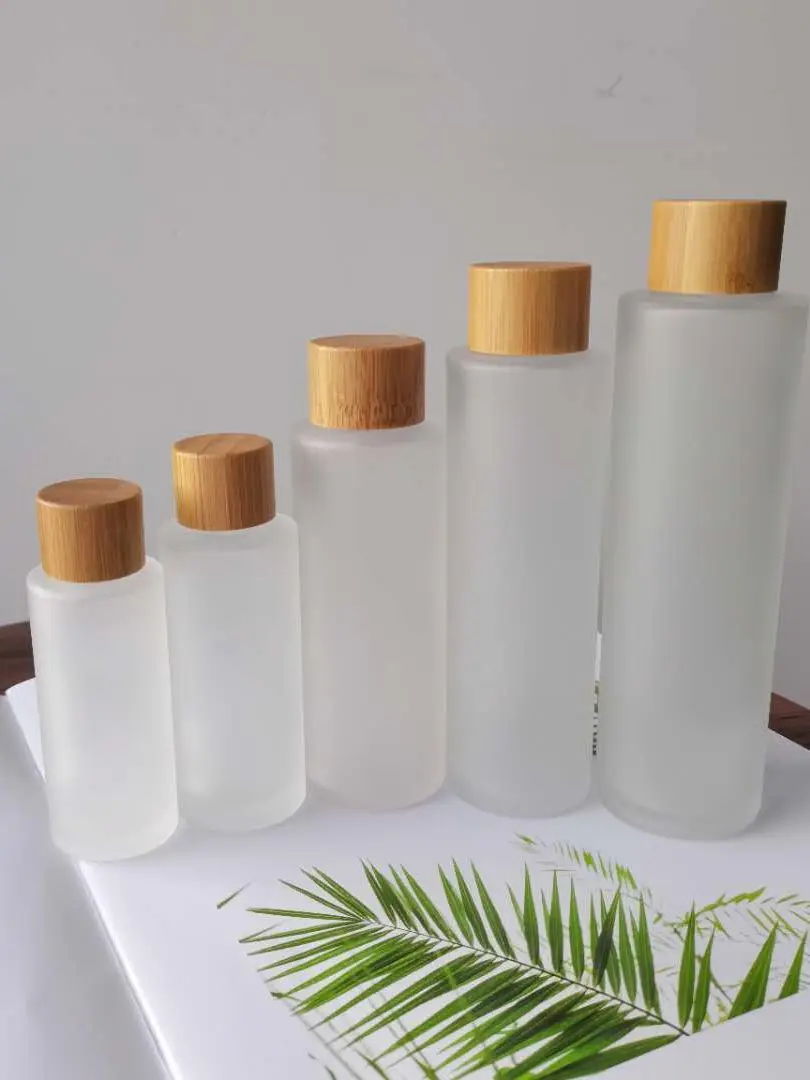 

50pcs 30ml Lotion Pump Transparent Frosted Glass Empty Bottle Eco-friendly Wooden Bamboo Cap Cosmetic Spray Packaging Container