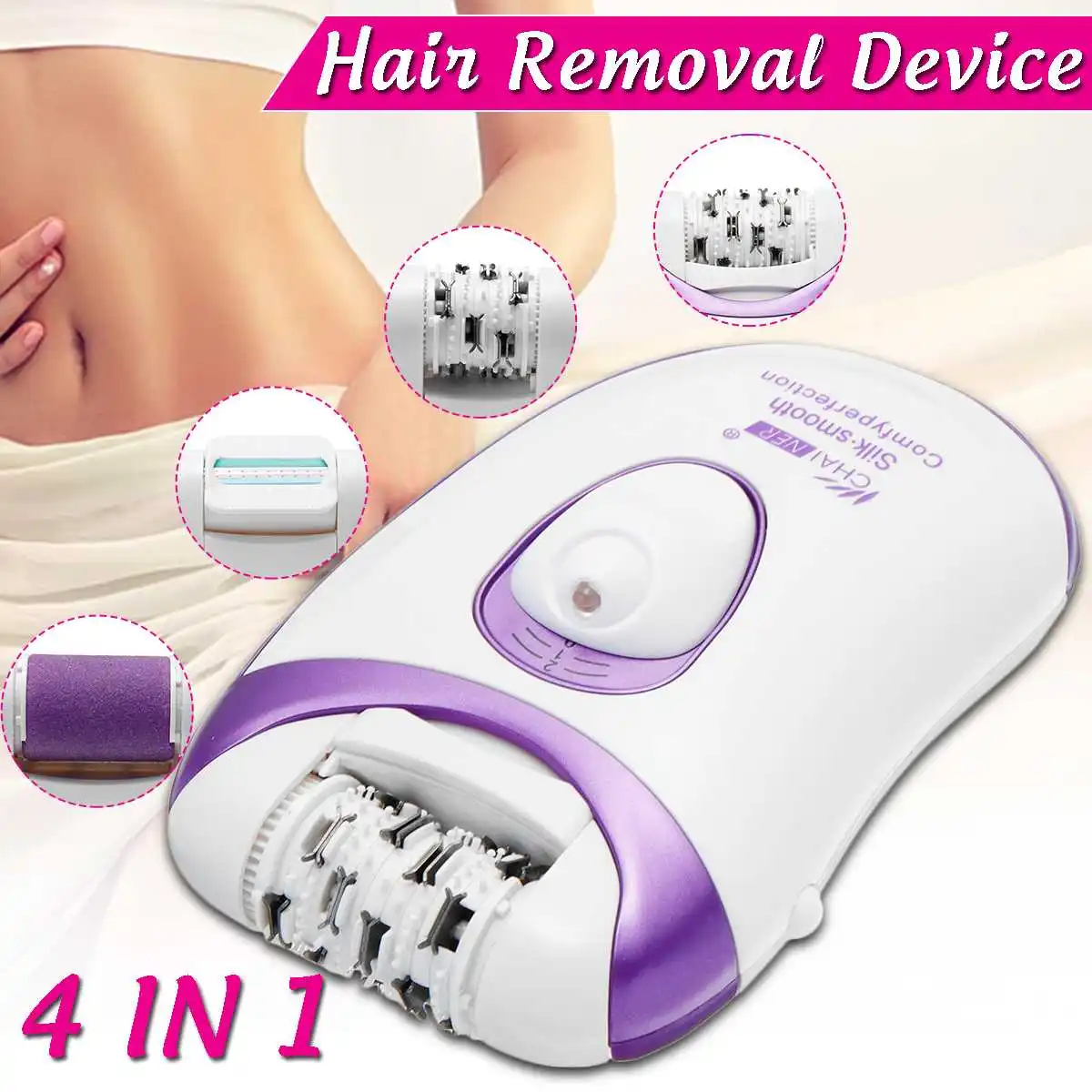 

Electric Epilator Rechargeable 4 in 1 Callus Remover Device Hair Removal Shaver Pivoting Head Multifunctional Epilator w/ 4 Head