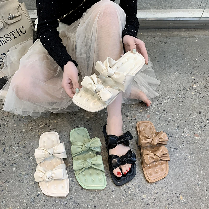 

Slippers Casual Female Shoes Low Butterfly-Knot Slides Summer Clogs Woman Square Toe Luxury Soft 2021 Beach Flat Butterfly-knot