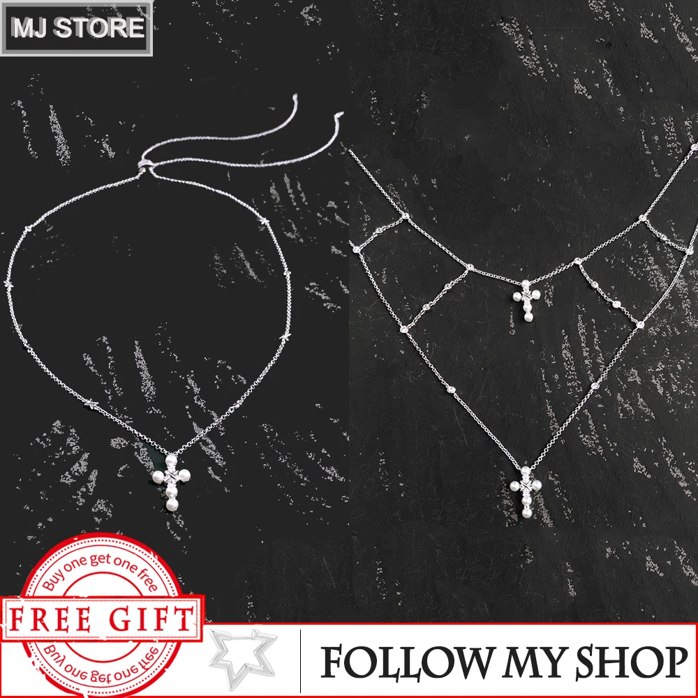 

MEIJI New S925 Sterling Silver Double-Layer Pearl Cross Necklace Niche Exaggerated Tassel Design Sweater Chain Clavicle Chain