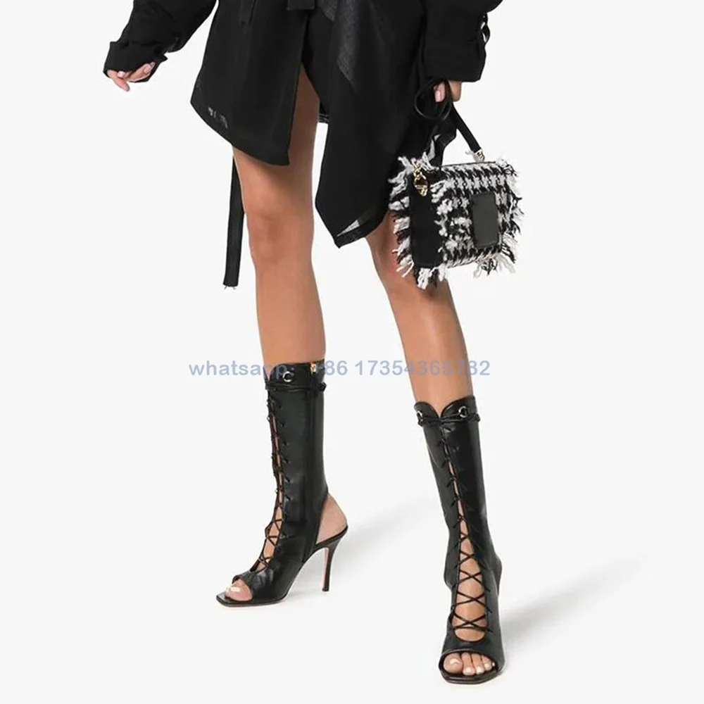 

Black Peep Toe Stiletto Summer Short Boots Ladies Lace uo Side Zipper Bare Heel Leather Hollow Sandal Boots Comfy Mid Calf Boots