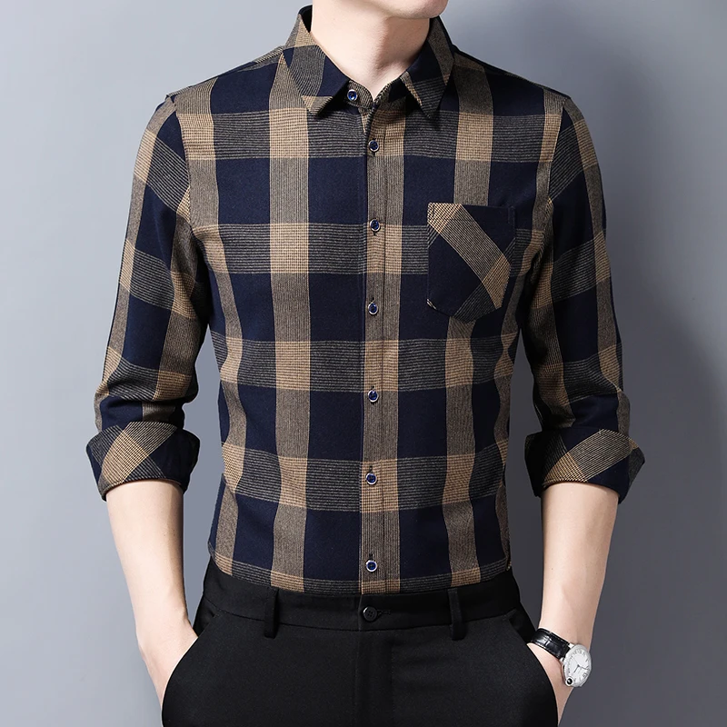 

New Casual Men Shirts Slim Fit Fashion Plaid Shirt Spring Long Sleeve Camisa Masculina Men Clothes C722