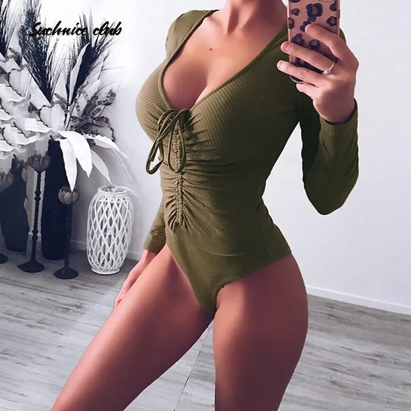 

Sexy Long Sleeve Bodysuit Rompers Deep V Lace-up Winter Jumpsuit Slim Fit BodySuit Summer Clothes for Women