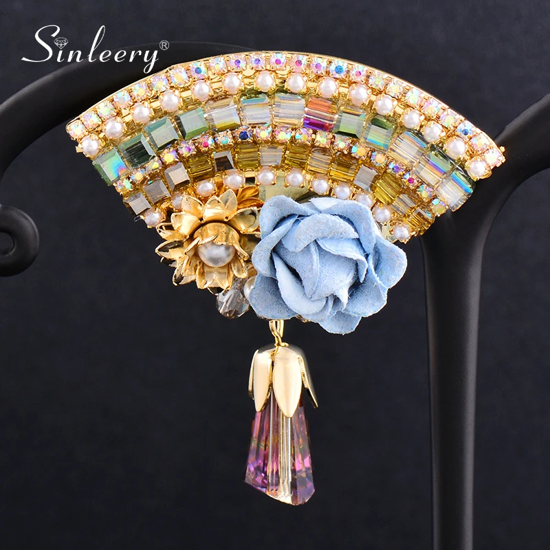 

SINLEERY Vintage Fan Shape Blue Flower Pearl Cubic Zirconia Pin Brooch Gold Color For Women Dropshipping 2021 XZ168 SSK
