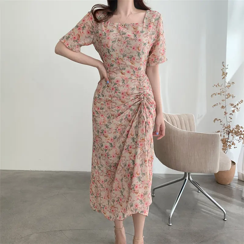 

2021 Chic Elegant Square Neck Florals Large Size All Match Slim Stylish Feminine Pleated Waist Thin Dresses Vestidos