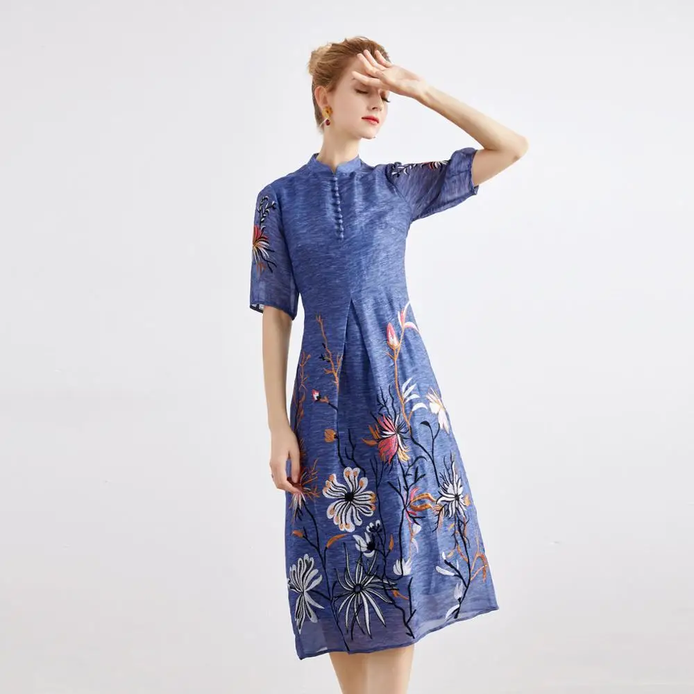 

Женское платье с круглым вырезом, винтажное длинное вечерние из льна, с вышивкой, лето 2020