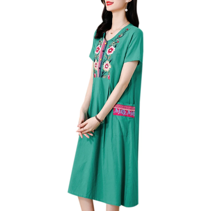 

COIGARSAM 4XL Plus Size National Wind Short Sleeve Women dress Summer Casual Loose Embroidery V-Neck Dresses Purple Green 2061