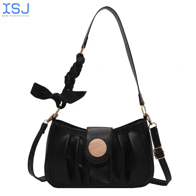 

Pu Japanese and Korean Style One-Shoulder Messenger Handbag Pleated Stitching Design Zipper Solid Color Small Square Bag