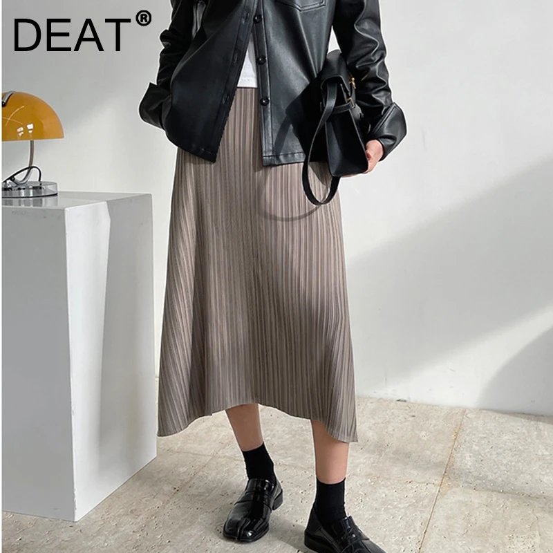 

Женская плиссированная юбка-трапеция DEAT, однотонная тонкая юбка средней длины с высокой талией, модель 7I3229 на осень и зиму, 2021